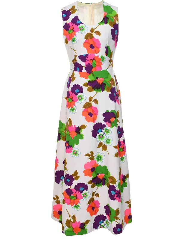 1970s Floral Print Maxi Dress - M Comfortable Plunging Neckline Maxi Dress