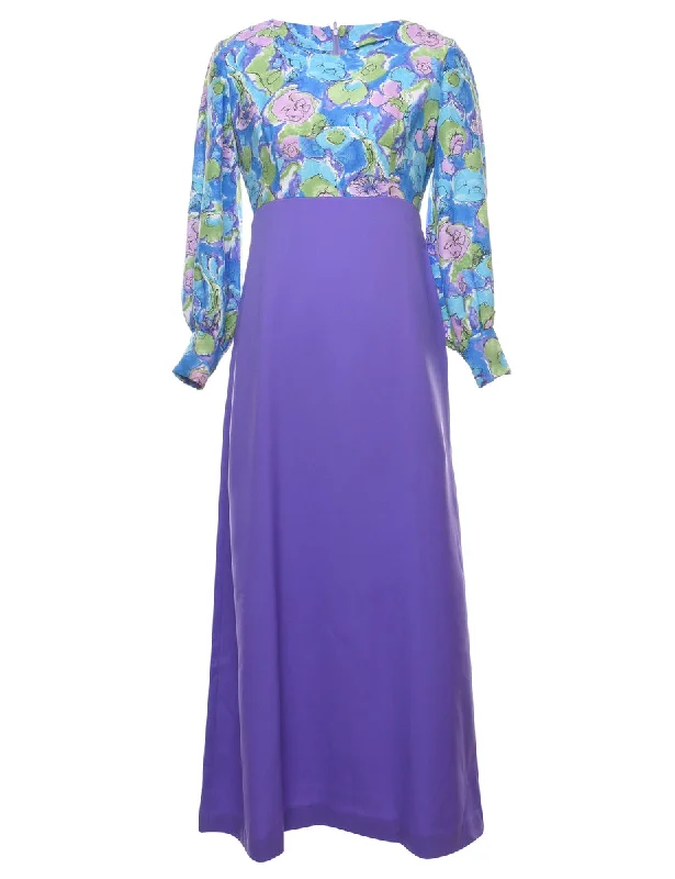 1970s Floral Print Purple & Blue Maxi Dress - S Cozy Wrap Maxi Dress