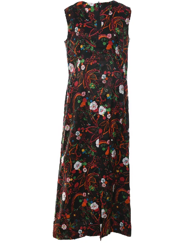 1970s Floral Print Sleeveless Multi-Colour Maxi Dress - L Elegant Sleeveless Maxi Dress