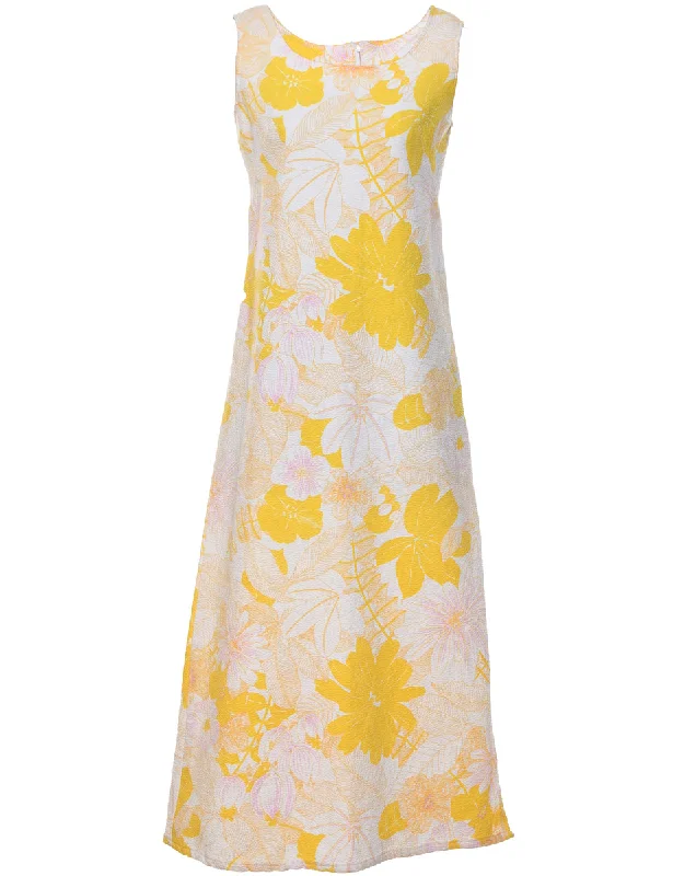 1970s Floral Print Yellow & White Maxi Dress - M Elegant Boho Maxi Dress