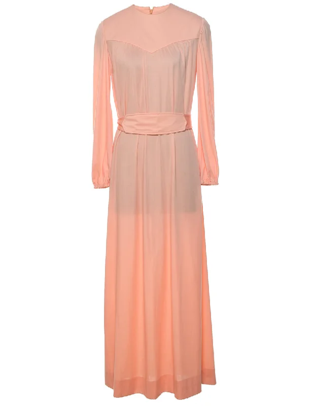 1970s Long-Sleeve Peach Maxi Dress - L Trendy Maxi Dress with Belt