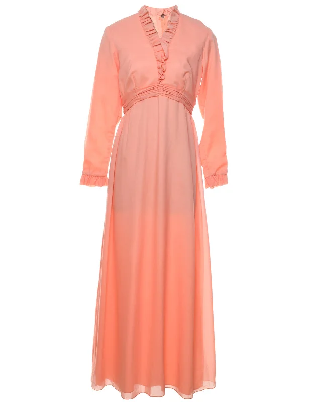 1970s Pale Pink Ruffled Maxi Dress - M Elegant Maxi Dress with Pockets