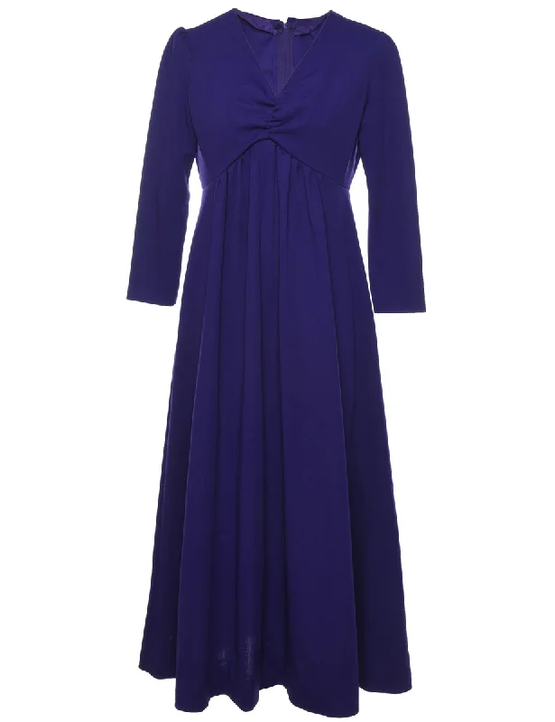 1970s Purple Ruched Long-Sleeve Maxi Dress - M Trendy V-Neck Maxi Dress