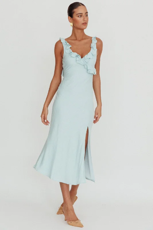 Alba Frill Trim Midi Dress Baby Blue Comfortable Ruched Midi Dress