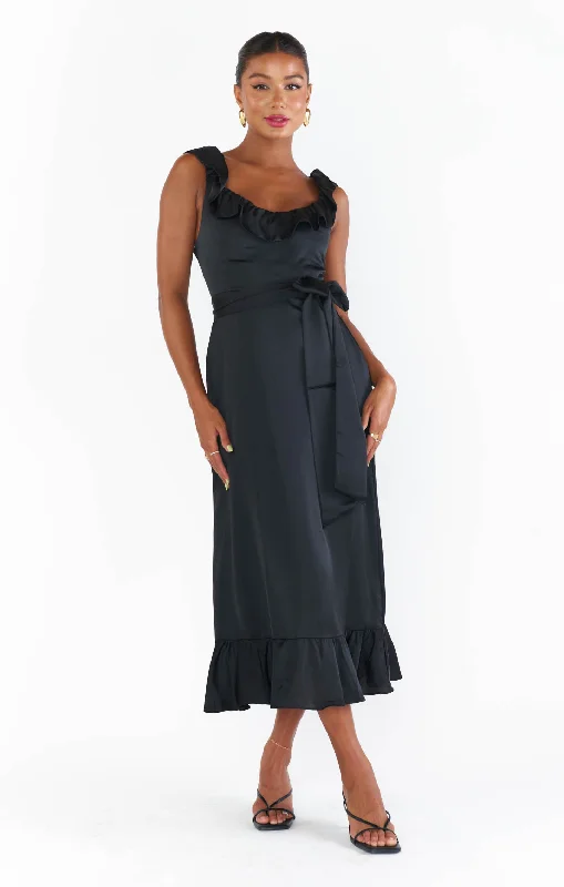 Alexis Midi Dress ~ Black Luxe Satin Comfortable Stretch Midi Dress