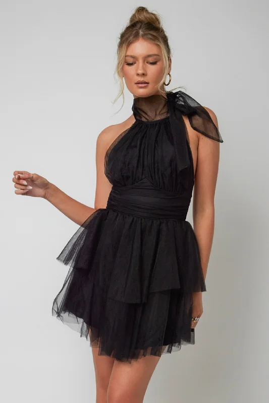 Andria Halterneck Tulle Mini Dress Black Stylish Sweetheart Neck Mini Dress