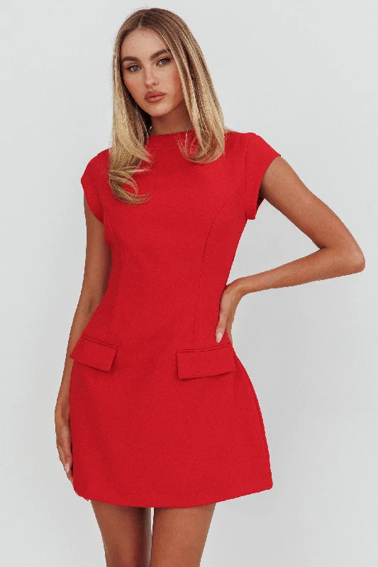 Aristos Cap Sleeve Mini Dress Red Casual Button-Up Mini Dress