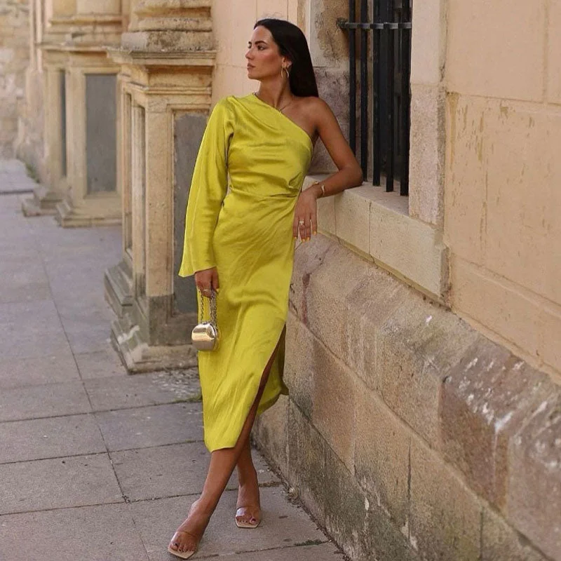 Asymmetric One Shoulder Bell Sleeve Split Midi Dress - Chartreuse Yellow Elegant V-Neck Midi Dress