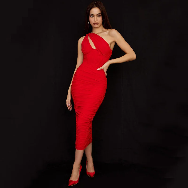 Asymmetric One Shoulder Cutout Ruched Corset Mesh Midi Dress - Red Trendy Shift Midi Dress