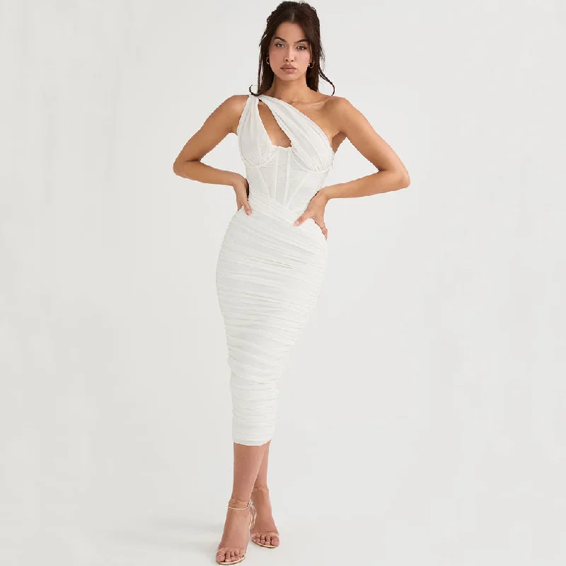 Asymmetric One Shoulder Cutout Ruched Corset Mesh Midi Dress - White Comfortable Button Front Midi Dress