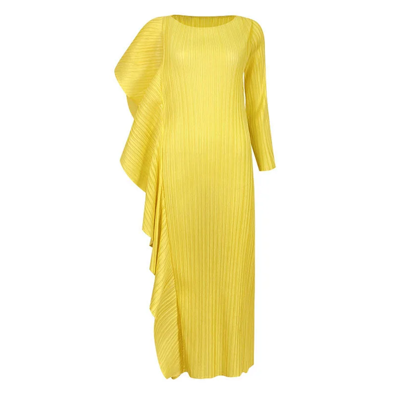 Asymmetrical Ruffled Side Round Neck 3/4 Sleeve Bodycon Pleated Midi Dress Cozy Spaghetti Strap Midi Dress