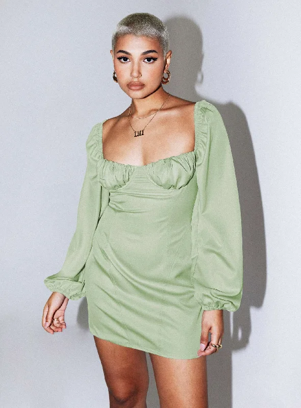 Be Mine Long Sleeve Mini Dress Green Comfortable Ruffle Mini Dress