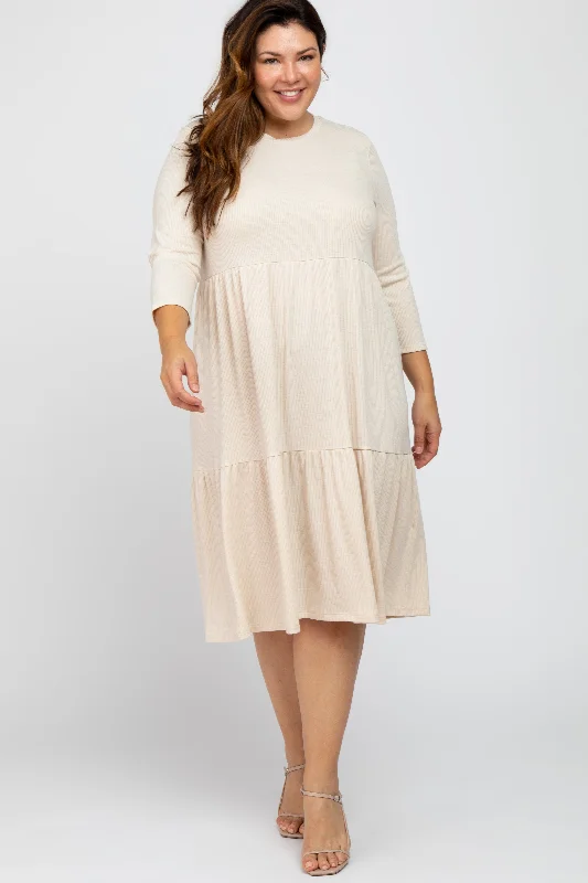 Beige Tiered Ribbed 3/4 Sleeve Plus Midi Dress Cozy Ribbed Knit Midi Dress