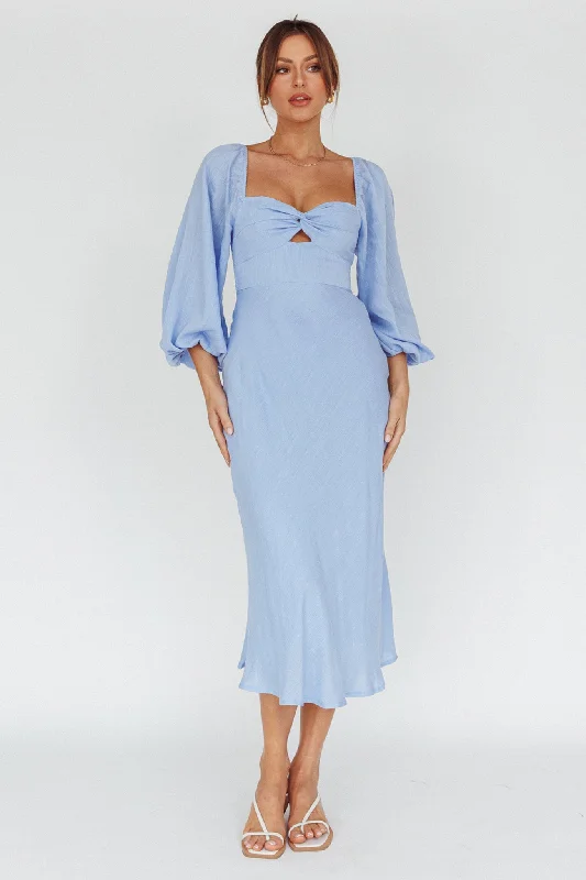 Betina Twist Bust Long Sleeve Midi Dress Blue Elegant Satin Button Midi Dress