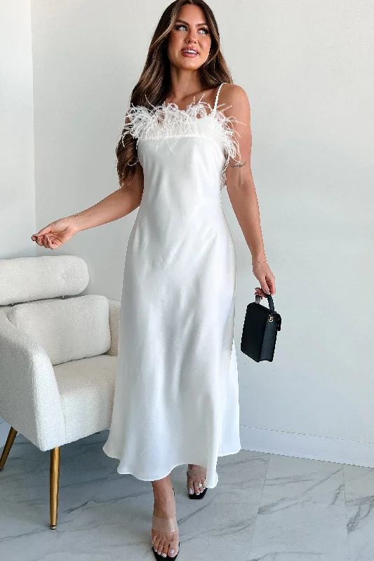 Birds Of Paradise Faux Feather Trim Midi Dress (Ivory) Stylish Off-Shoulder Ruffle Dress