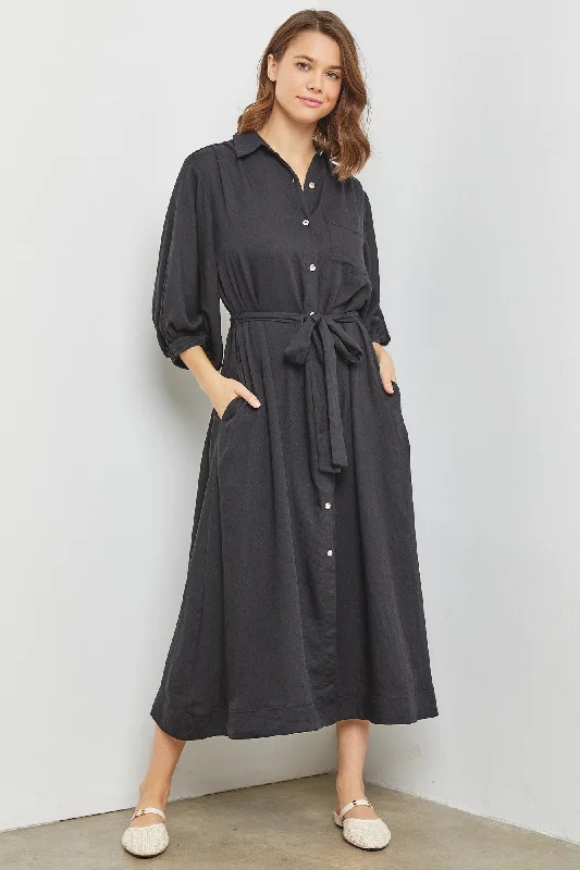 Black Button Down Midi Dress Comfortable Ribbed Midi Dress