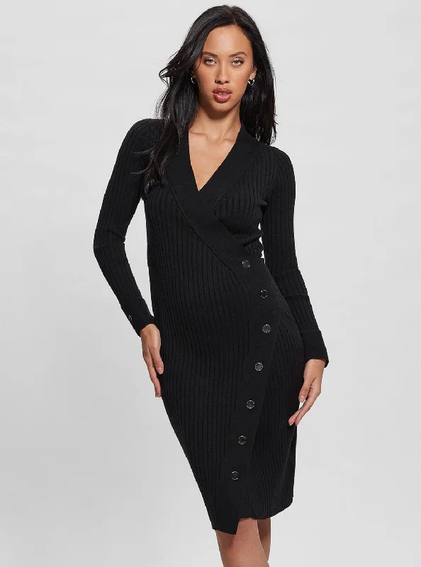 Black Cecile Knit Midi Dress Fashionable Off-Shoulder Dress Midi