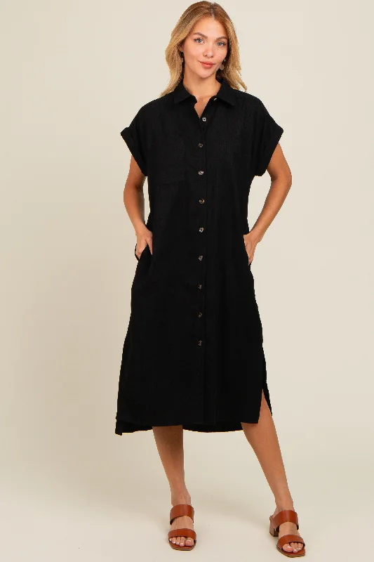 Black Corduroy Button Down Midi Dress Elegant Lace Trim Midi Dress