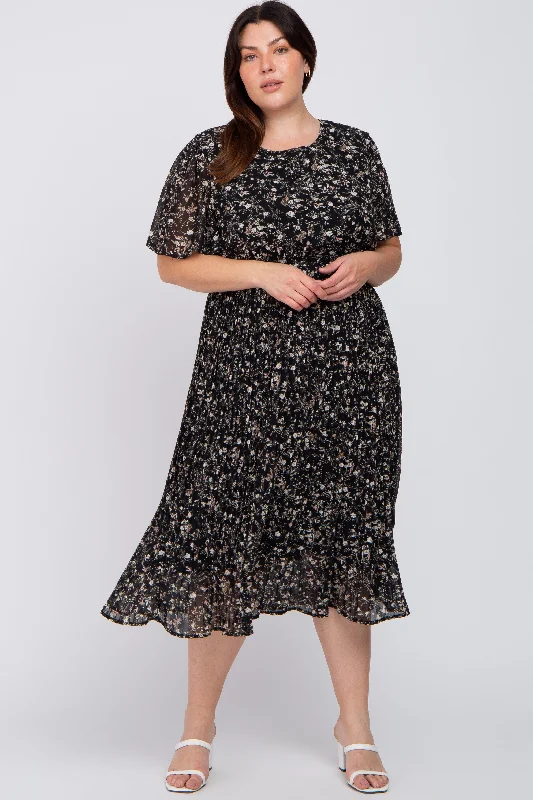 Black Floral Pleated Chiffon Plus Midi Dress Stylish Button-Down Midi Dress