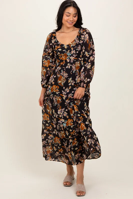 Black Floral V-Neck Long Sleeve Midi Dress Fashionable Fitted Midi Dress