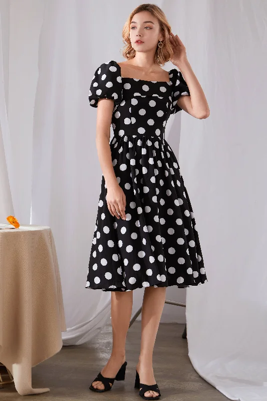 Black Polka Dot Midi Dress 3452 Fashionable High-Neck Midi Dress