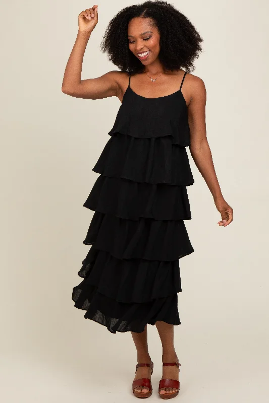 Black Tiered Midi Dress Fashionable One-Shoulder Midi Dress