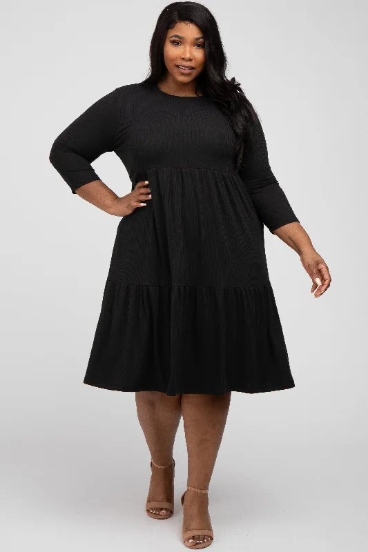 Black Tiered Ribbed 3/4 Sleeve Plus Midi Dress Fashionable High-Neck Midi Dress