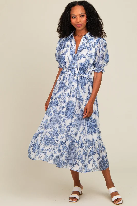 Blue Floral Ruffle Accent Button Up Midi Dress Stylish Satin Midi Dress