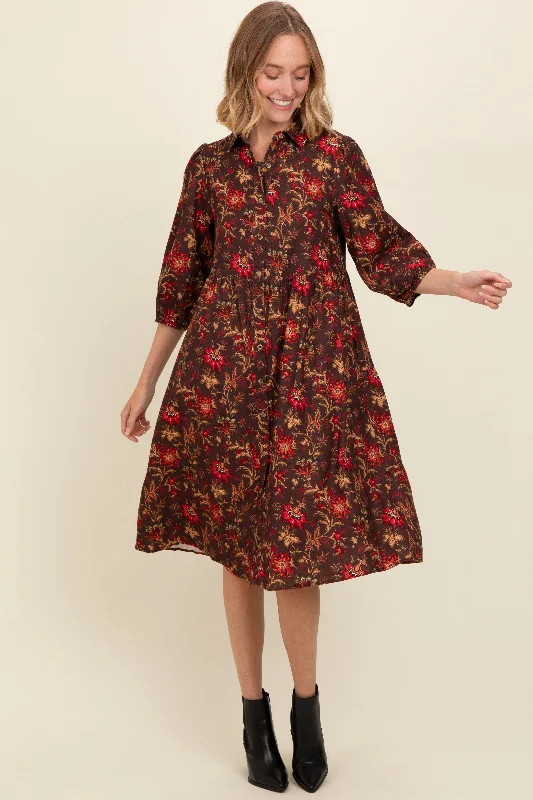 Brown Floral Button Down Midi Dress Cozy Midi Dress with Pockets