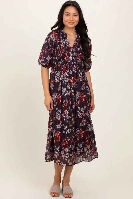 Brown Floral Smocked Button Down Midi Dress Trendy Knit Midi Dress