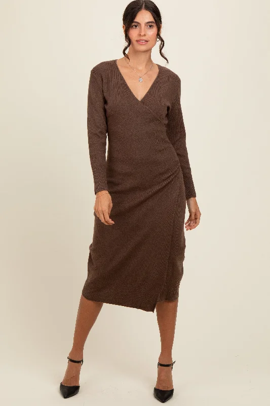 Brown Knit Crossover Ruched Midi Dress Stylish Wraparound Midi Dress