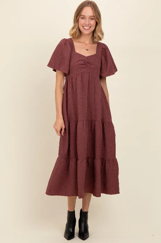 Burgundy Sweetheart Neck Short Puff Sleeve Tiered Midi Dress Stylish Vintage Midi Dress