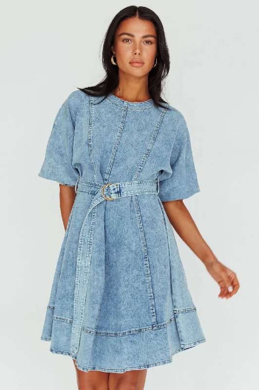 Cadijah Puff Sleeve Belted Mini Dress Denim Blue Elegant Silk Mini Dress