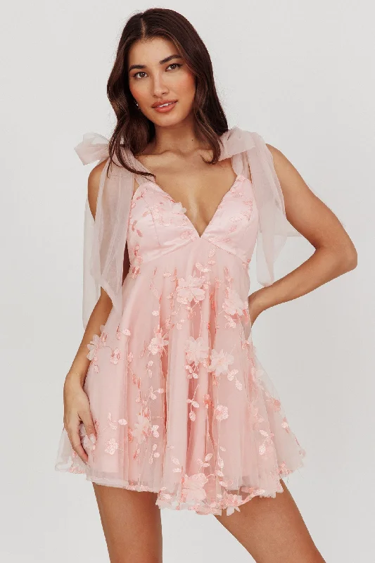 Chantilly Tied Shoulder Mini Dress Pink Comfortable Off-Shoulder Mini Dress