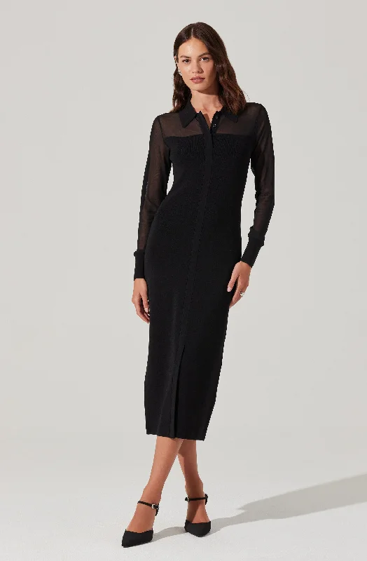 Contrast Mesh Collared Midi Dress Classic Black Midi Dress