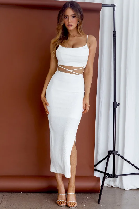 Crazy In Love Cowl Neck Cut-Out Waist Midi Dress White Elegant Faux Wrap Midi Dress