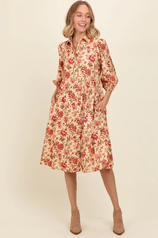 Cream Floral Button Down Midi Dress Fashionable Fitted Midi Dress