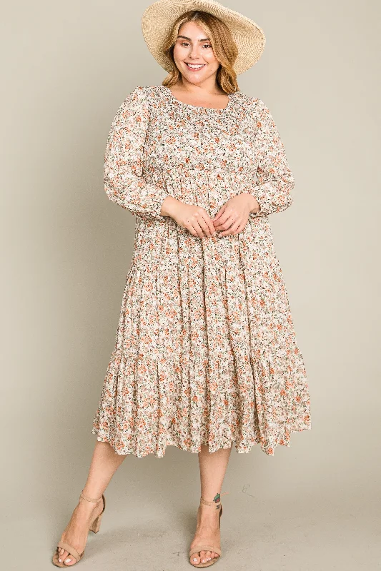 Cream Floral Smocked 3/4 Sleeve Plus Midi Dress Chic Off-Shoulder Midi Dress