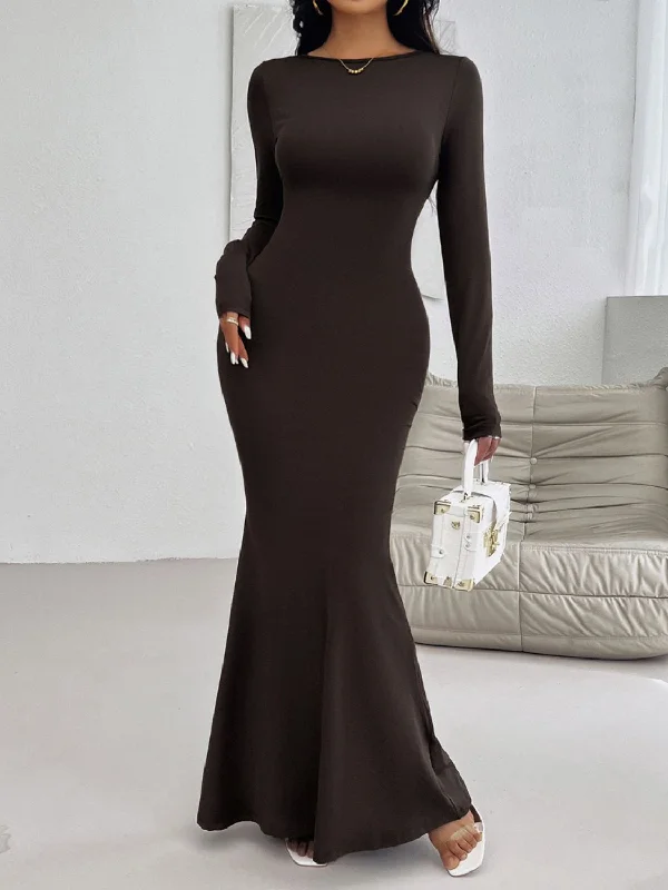 Devine Backless Round Neck Long Sleeve Maxi Dress Fashionable Button-Down Maxi Dress