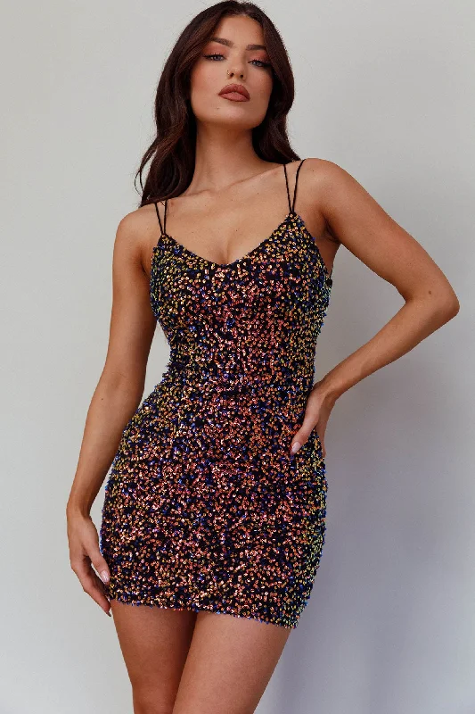 Disco Fever Strappy Back Sequin Mini Dress Black Classic Floral Mini Dress