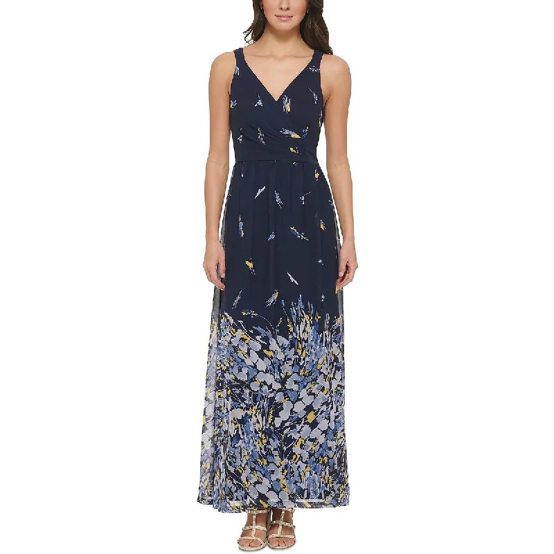 DKNY Womens Chiffon Printed Maxi Dress Fashionable Faux Wrap Maxi Dress