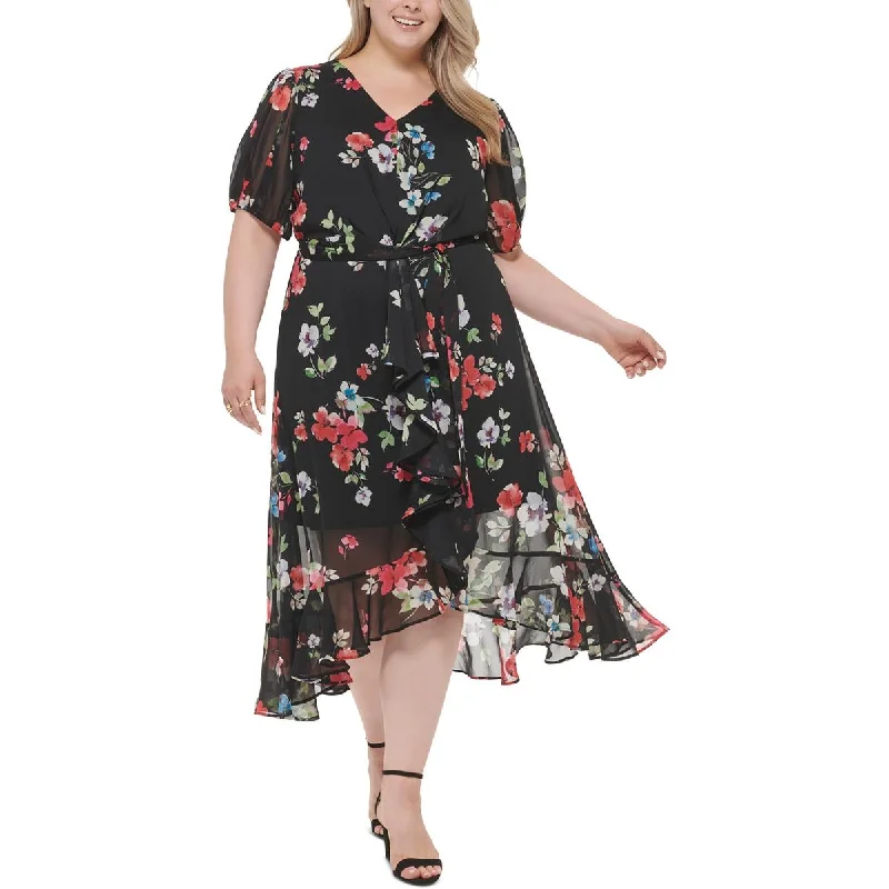 DKNY Womens Plus Chiffon Floral Maxi Dress Comfortable Long-Sleeve Maxi Dress