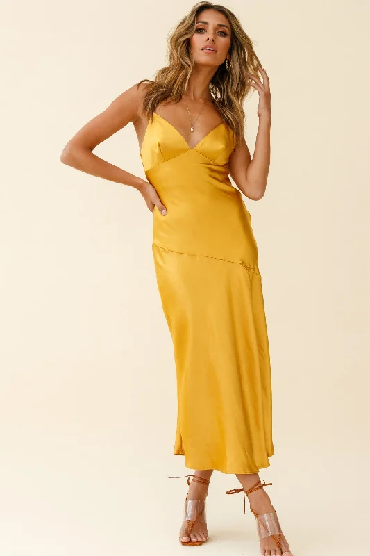 Downtown Cami Strap Front Split Midi Dress Mustard Cozy Knit Midi Dress