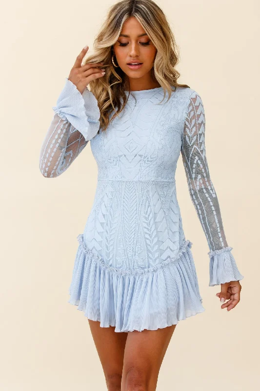 Dreamy Long Sleeve Mini Dress Steel Blue Fashionable Mini Dress with Pockets