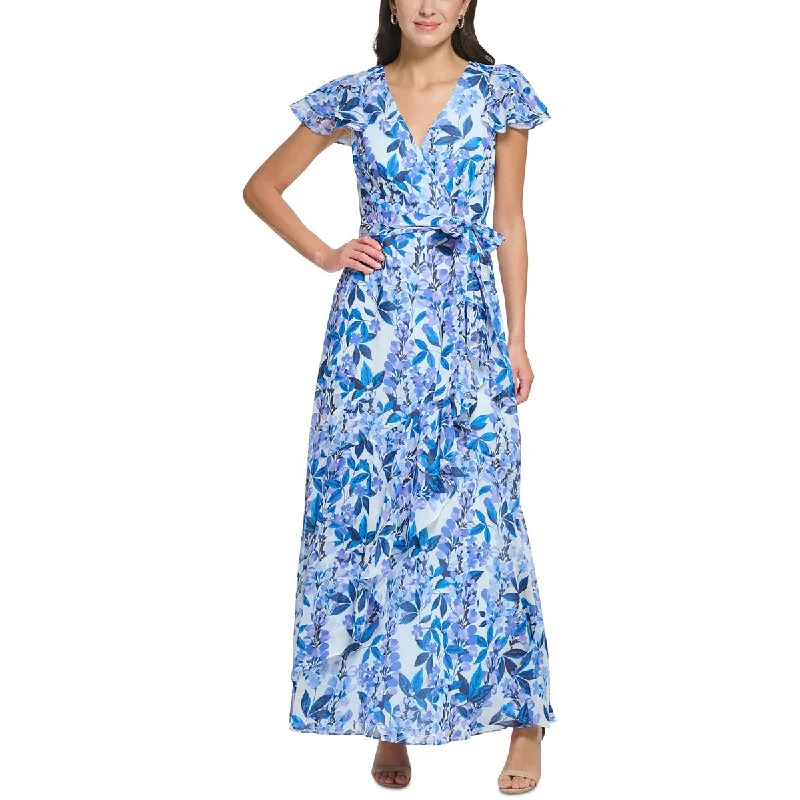 Eliza J Womens Chiffon Floral Maxi Dress Cozy Cold-Shoulder Maxi Dress