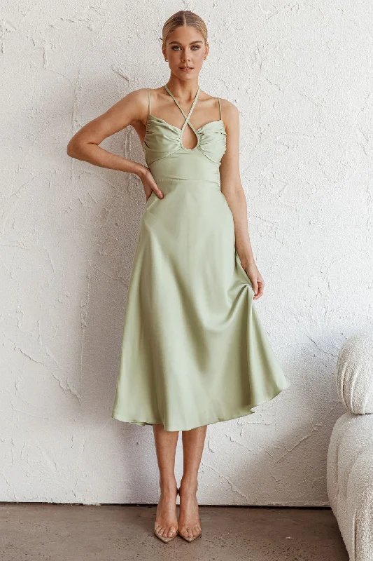 Emmalie Satin Midi Dress Sage Elegant Satin Button Midi Dress