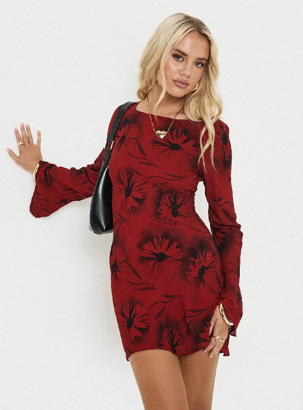 Feyd Long Sleeve Mini Dress Red Floral Elegant Satin Mini Dress