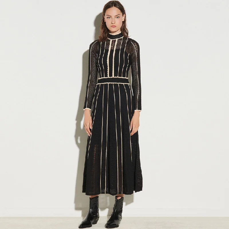 Flattering Stripe Long Sleeve High Neck Knit Pointelle Midi Dress - Black Stylish Wraparound Midi Dress