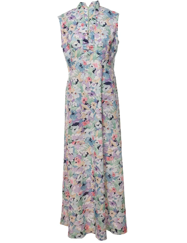 Floral Print 1970s Multi-Colour Maxi Dress - M Elegant Maxi Dress with Slit