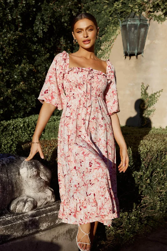 Flynn Balloon Sleeve Shirred Midi Dress Floral Pink Fashionable Casual Midi Dress